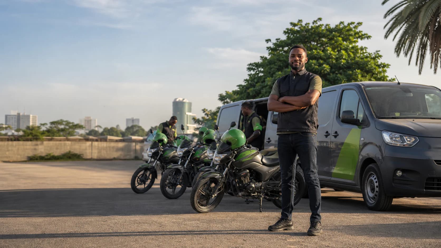 A Ghanaian fleet operator with delivery motorcycles and a van in Accra