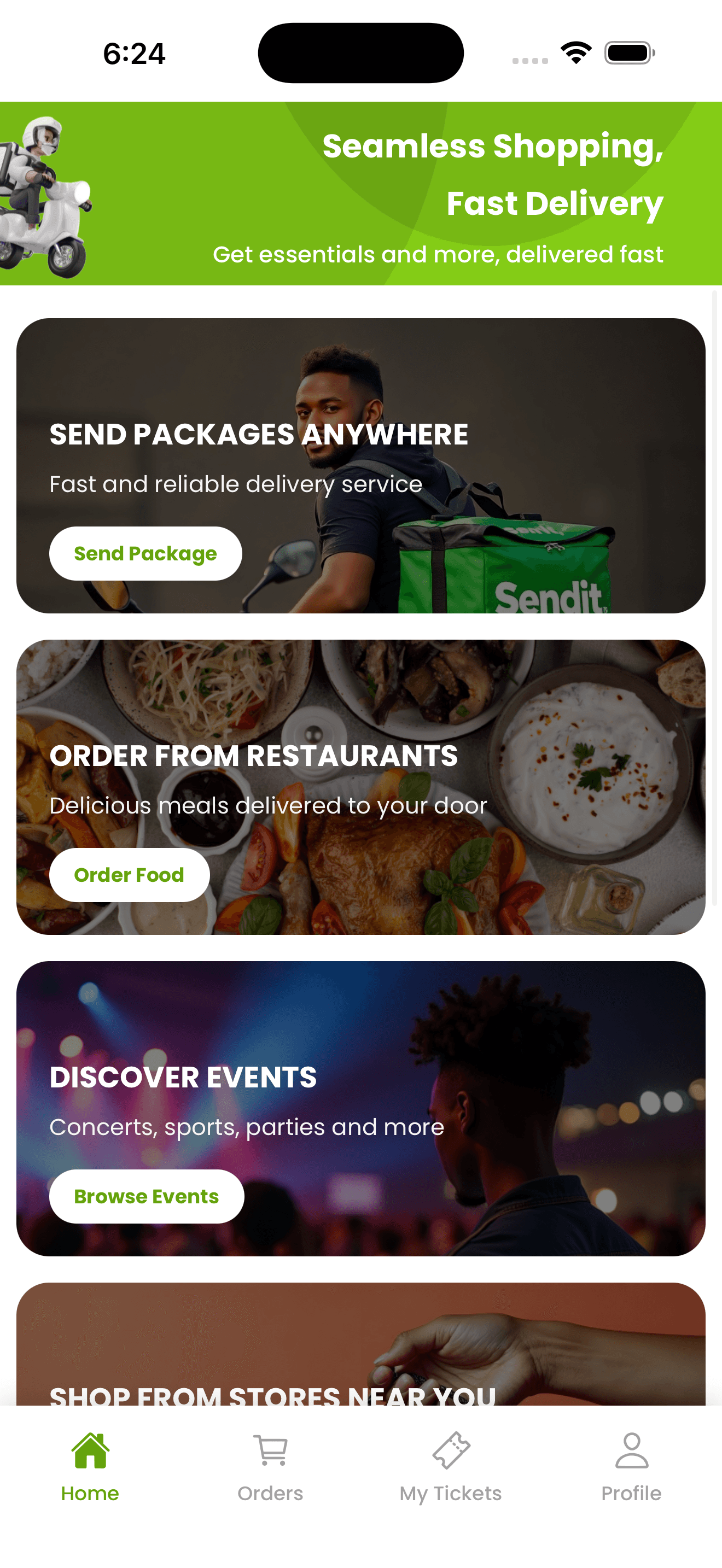 Current SendIt customer app home screen