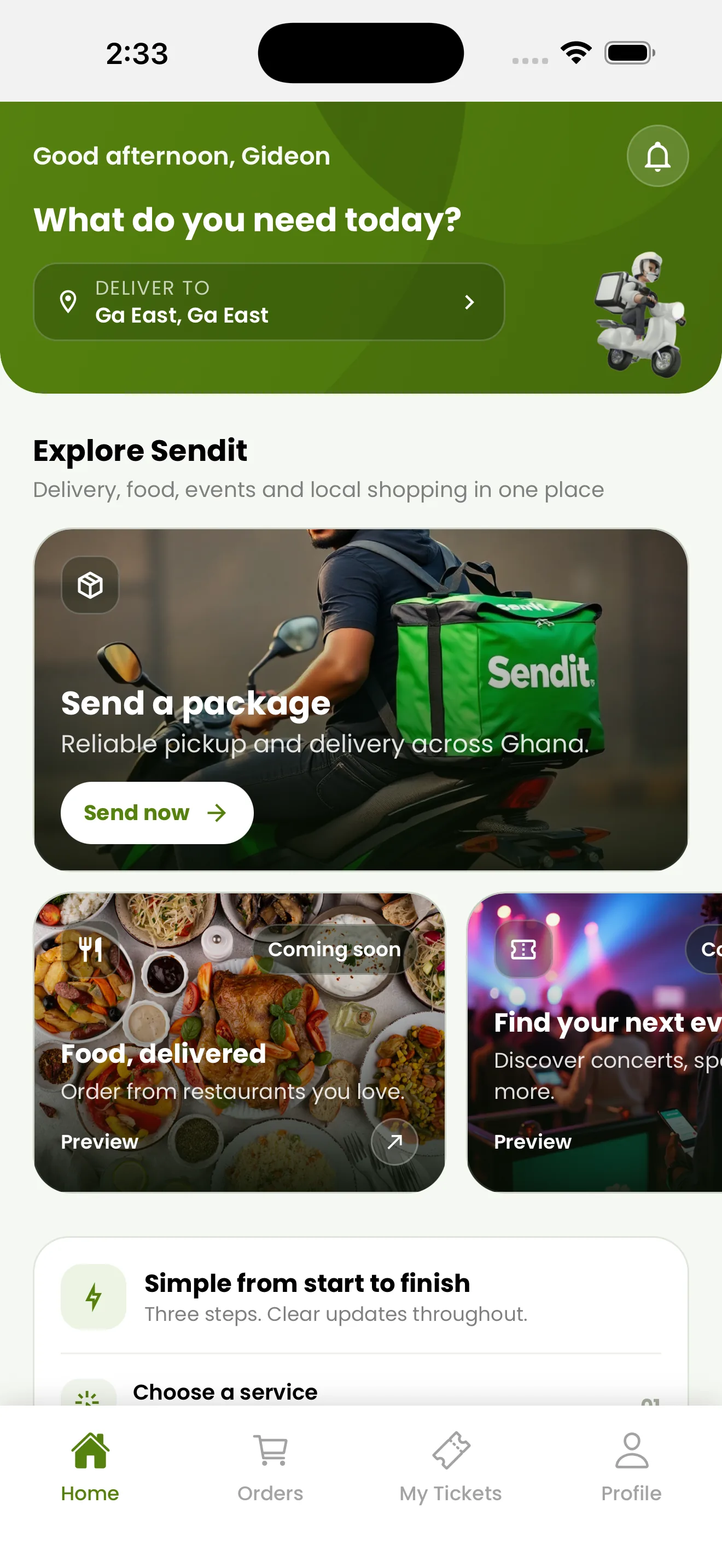 SendIt customer app home screen