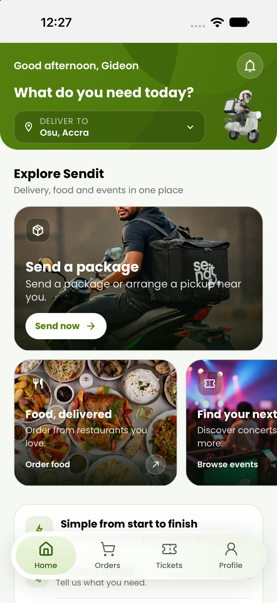 SendIt home screen with package delivery, food and events