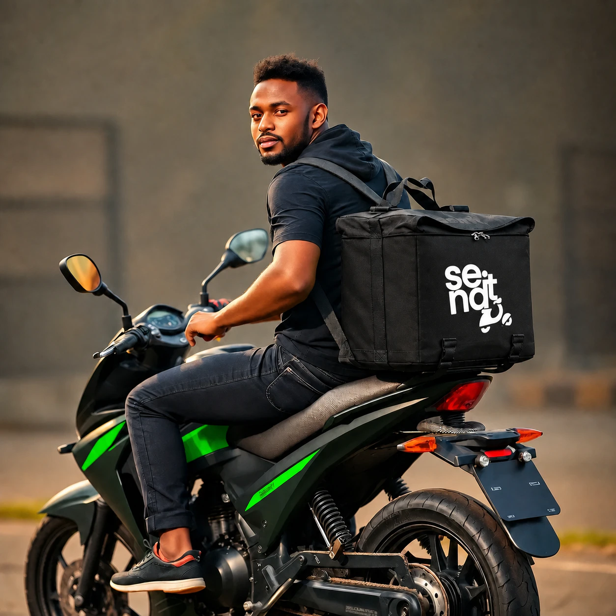 SendIt rider with a black branded delivery bag ready for a delivery